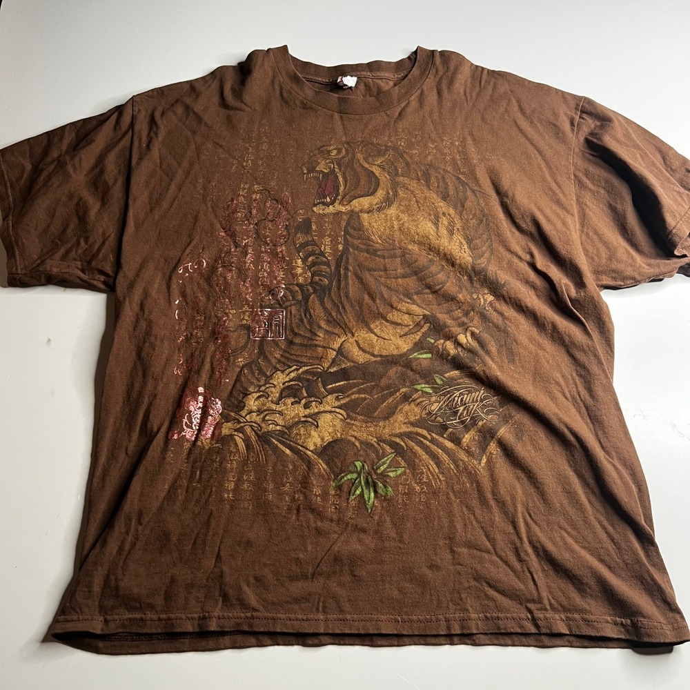 Miami‎ Ink Tiger Graphic T-Shirt Mens 2XL Brown Asian Calligraphy Streetwear Tee